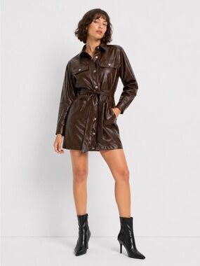 NWT Future Collective Long Sleeve Faux Leather Mini Shirtdress Brown M